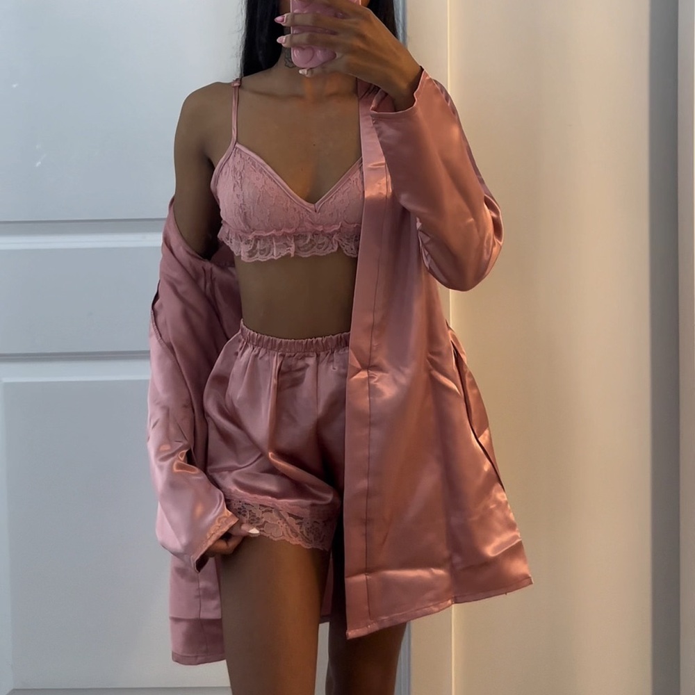 Fashion Nova Pink Satin Lace Pajama Set